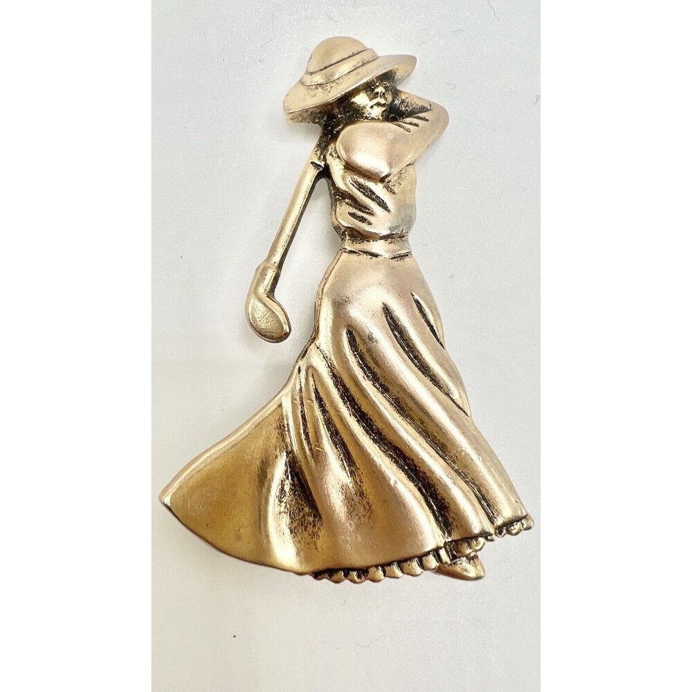 Vintage FORT Lady Golfer Bronze 2 3/4'' X 1 3/4'' 24.8g Brooch Pin